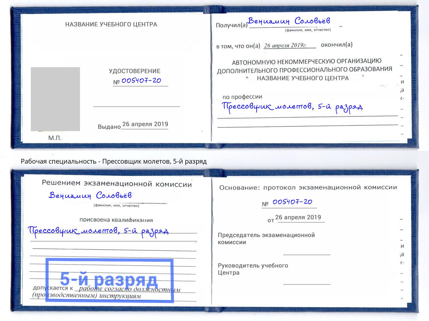 корочка 5-й разряд Прессовщик молетов Котельники
