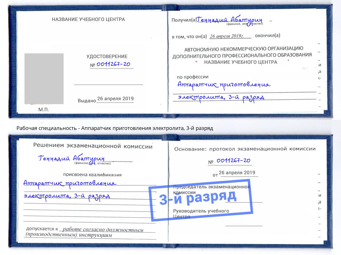 корочка 3-й разряд Аппаратчик приготовления электролита Котельники
