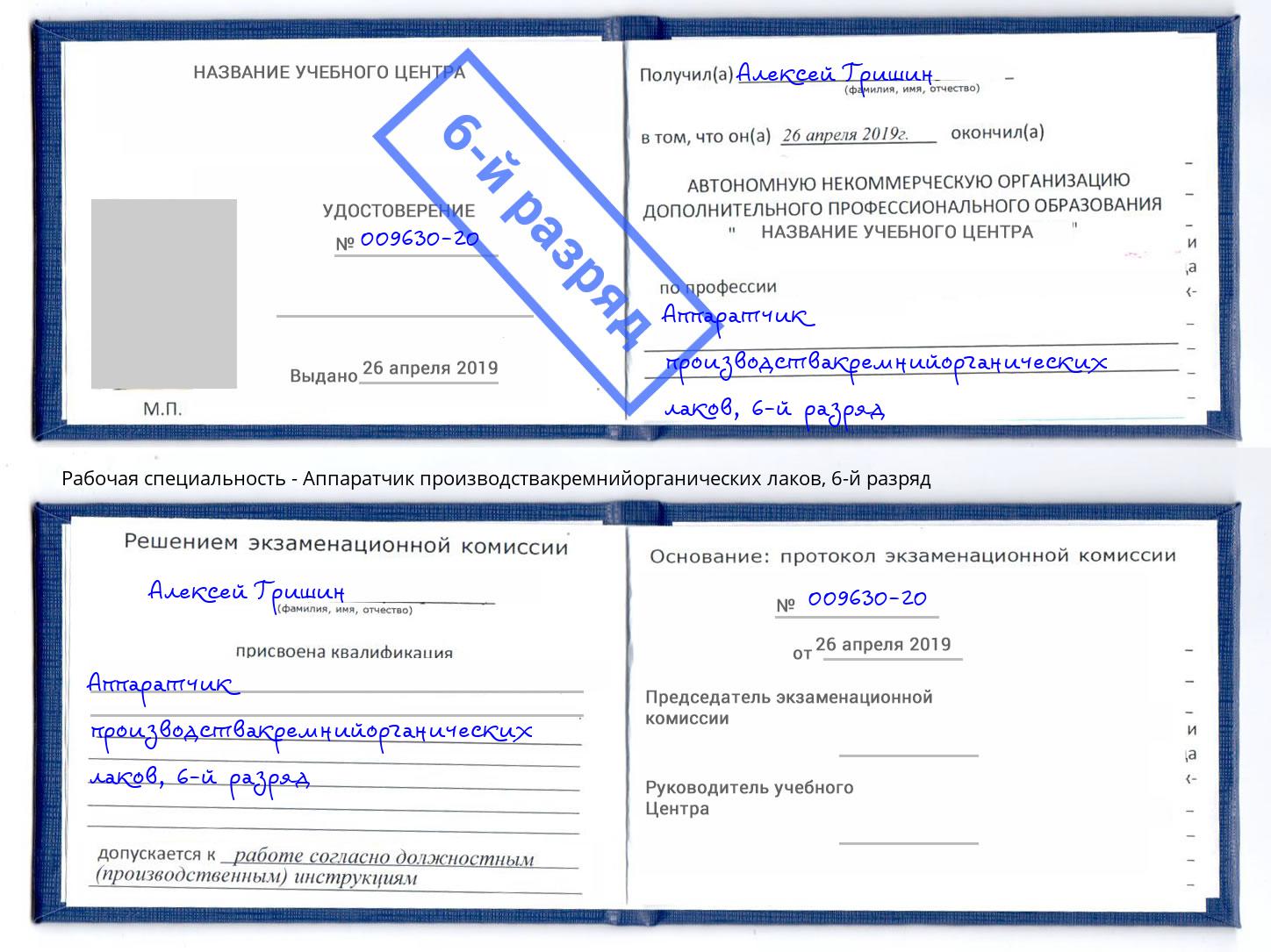 корочка 6-й разряд Аппаратчик производствакремнийорганических лаков Котельники