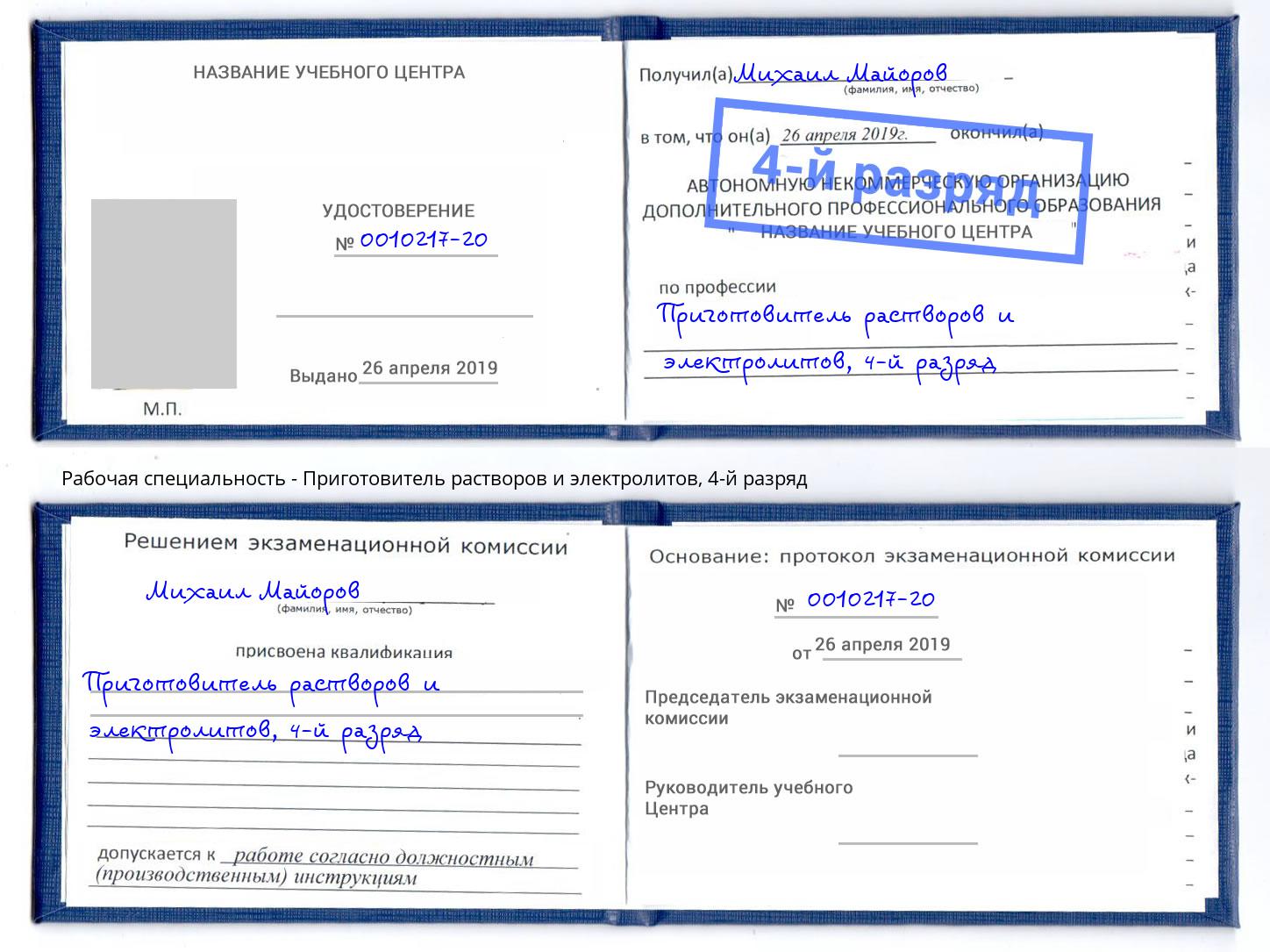 корочка 4-й разряд Приготовитель растворов и электролитов Котельники