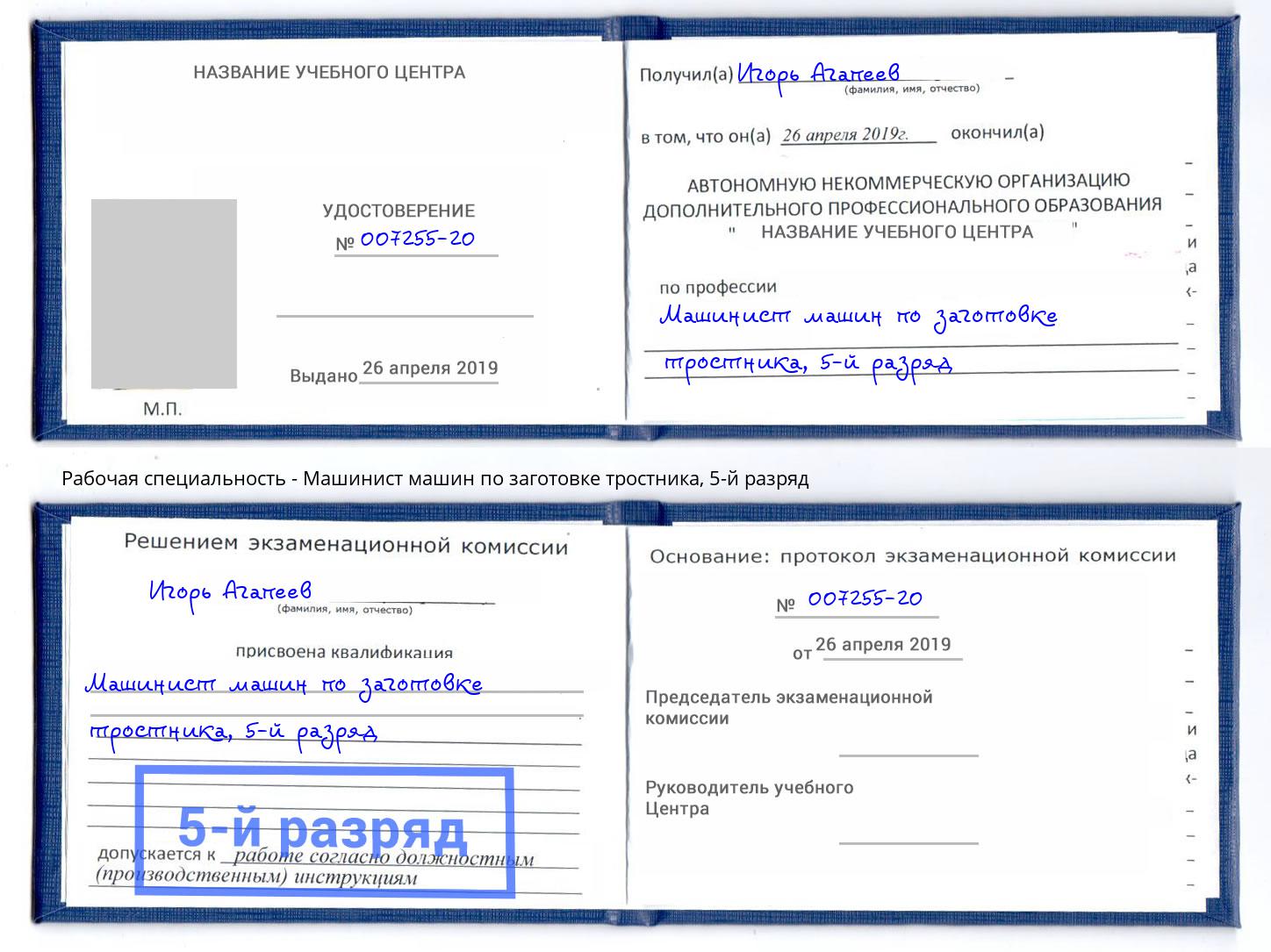 корочка 5-й разряд Машинист машин по заготовке тростника Котельники