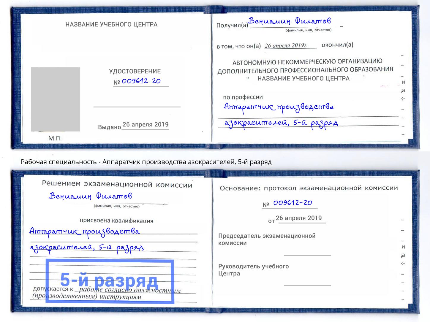 корочка 5-й разряд Аппаратчик производства азокрасителей Котельники