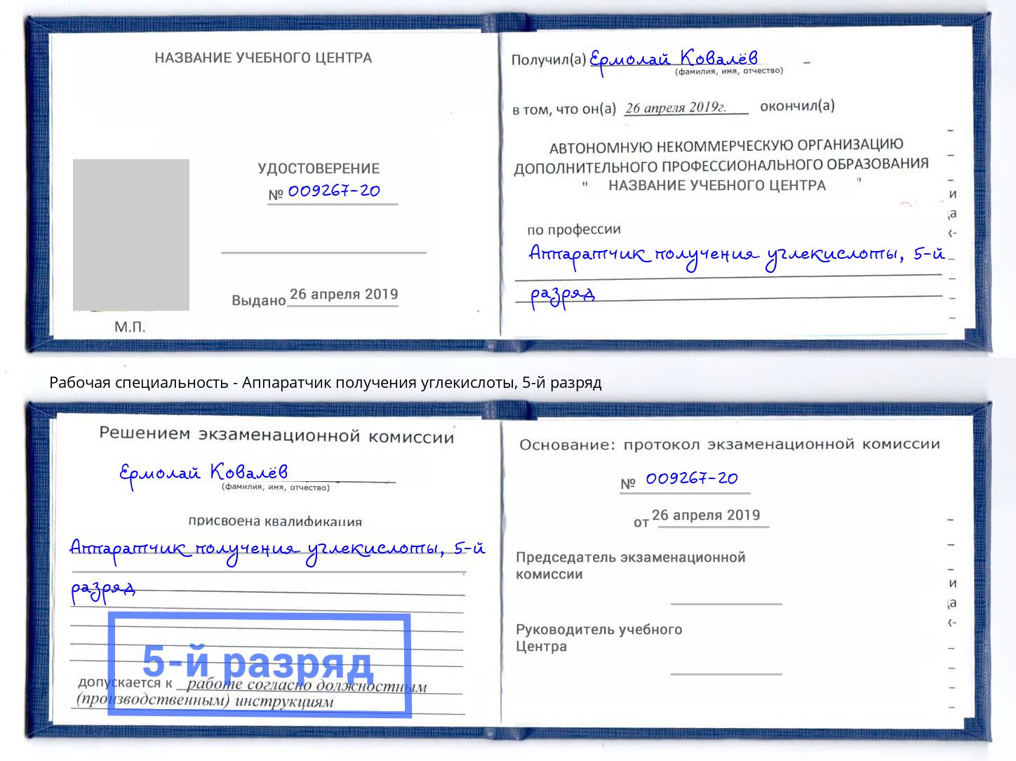 корочка 5-й разряд Аппаратчик получения углекислоты Котельники