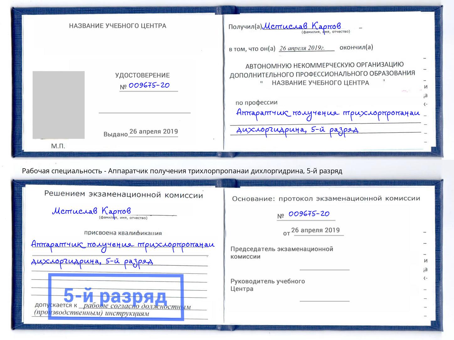 корочка 5-й разряд Аппаратчик получения трихлорпропанаи дихлоргидрина Котельники