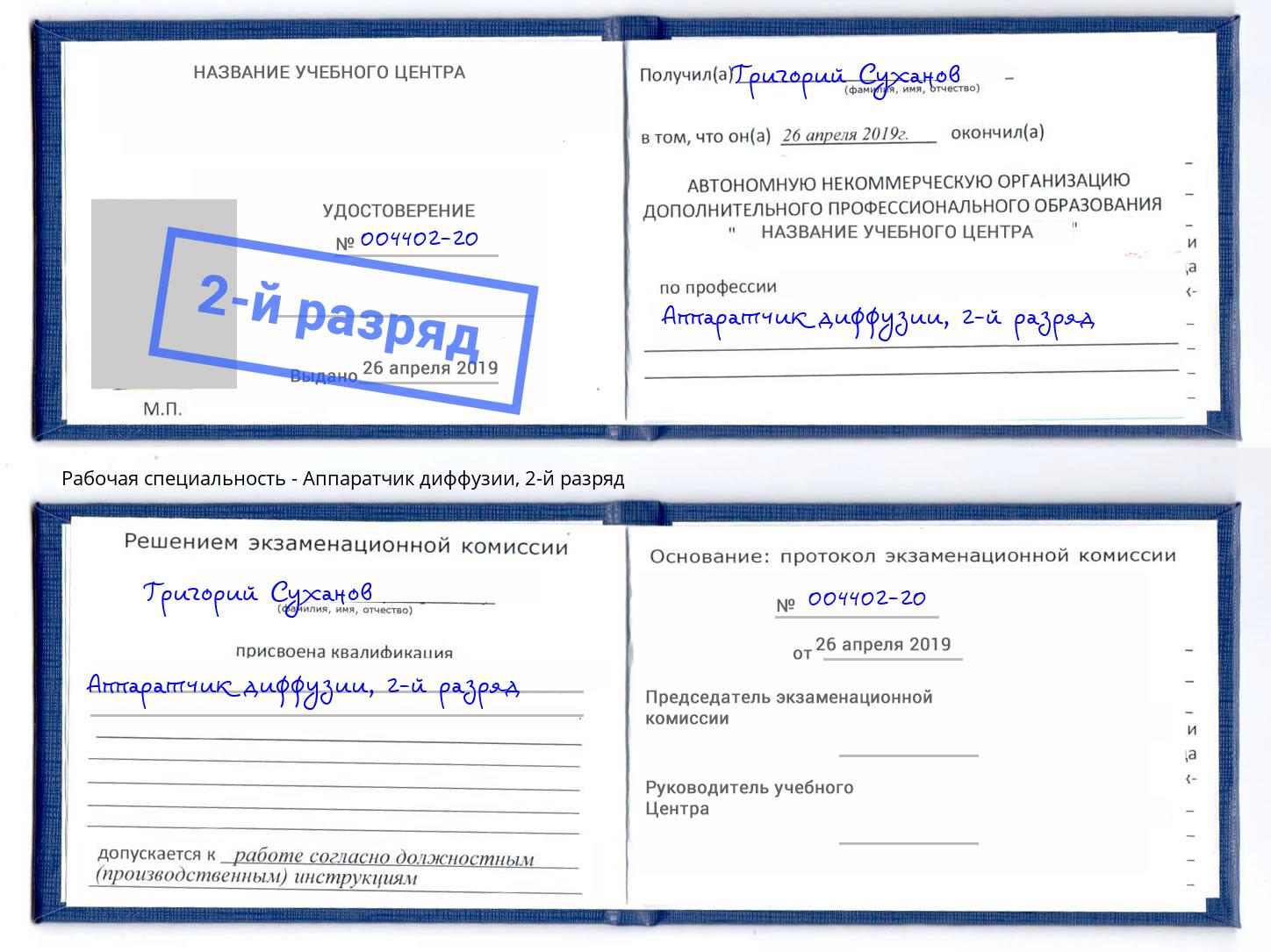 корочка 2-й разряд Аппаратчик диффузии Котельники