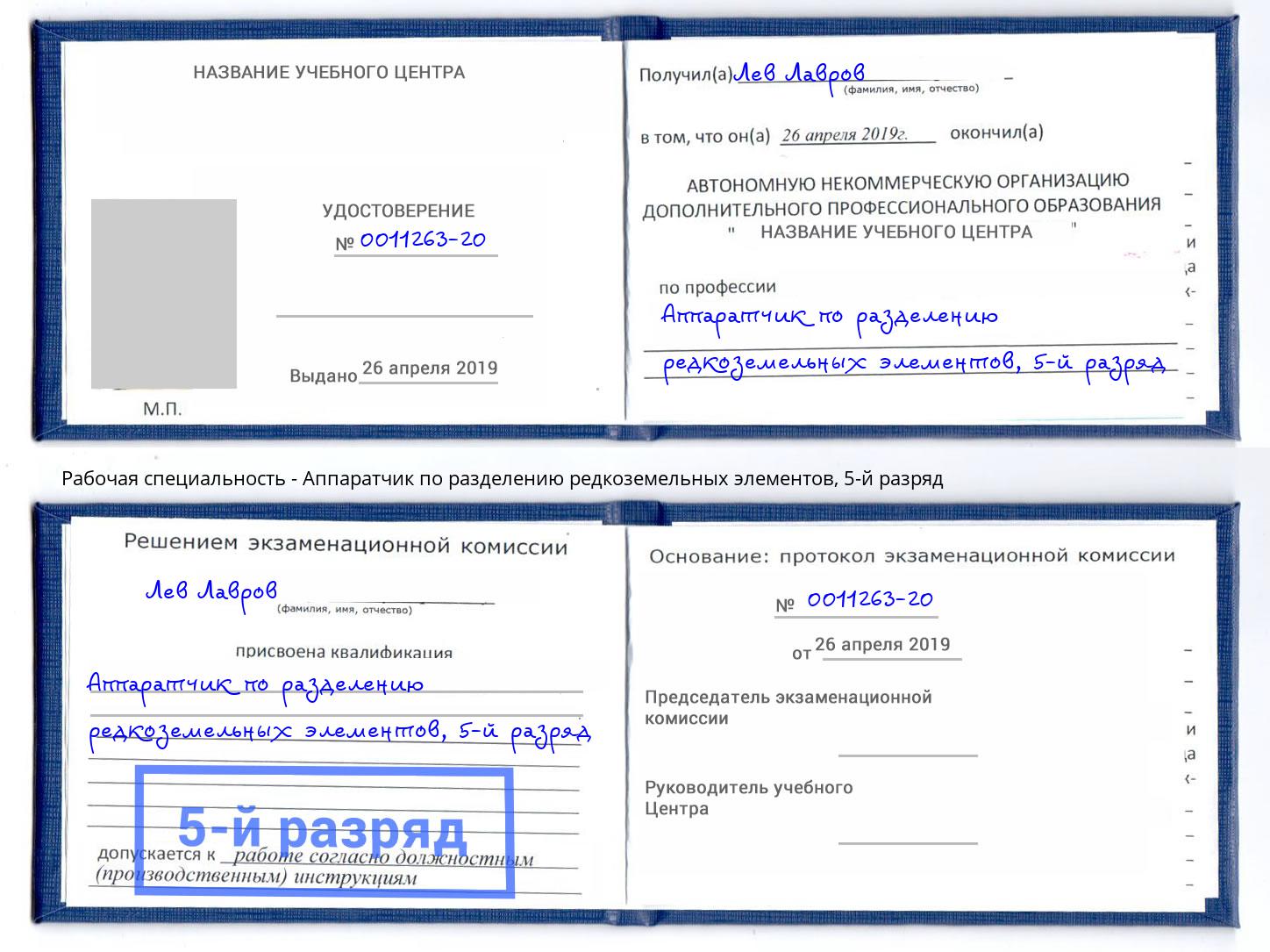 корочка 5-й разряд Аппаратчик по разделению редкоземельных элементов Котельники